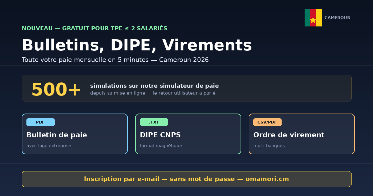 Bulletins de paie, DIPE CNPS et ordres de virement gratuits pour TPE camerounaises jusqu'à 2 employés